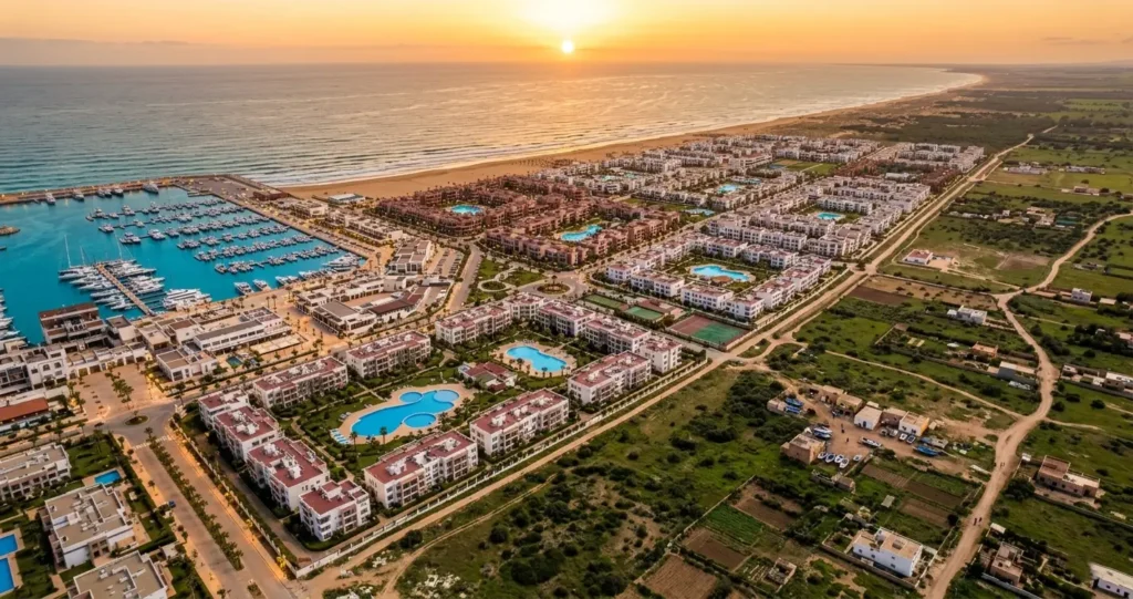 Vue panoramique de drone de Saidia Marina.