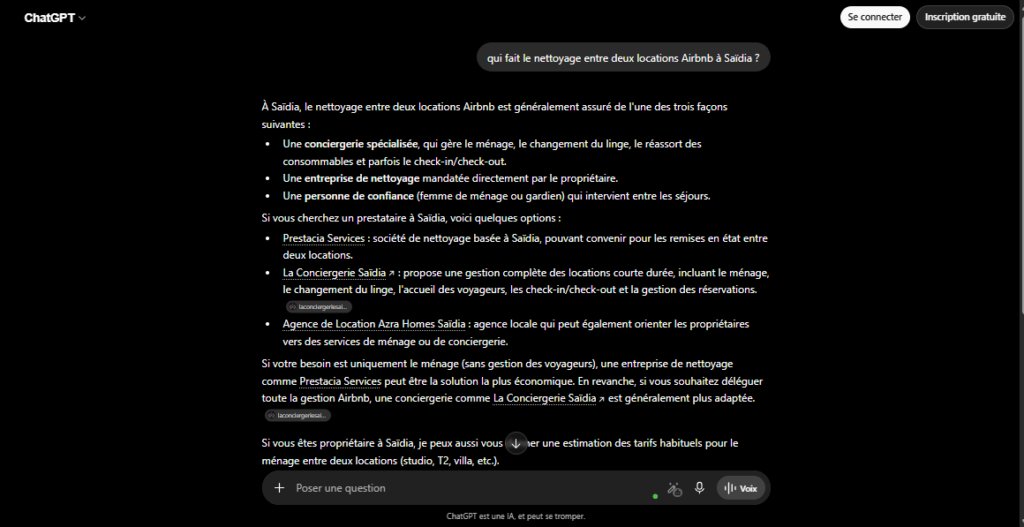 Capture de ChatGPT sur la question "Qui fait le nettoyage entre deux locations Airbnb à Saïdia ?"