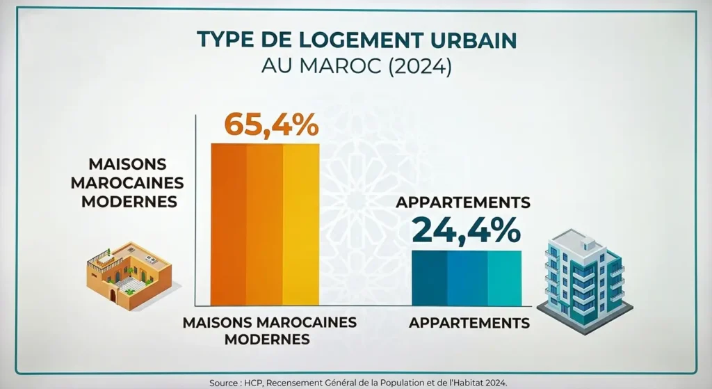 Capture des données clés du recensement HCP 2024, comparant la prédominance des maisons marocaines modernes par rapport aux appartements dans le parc immobilier urbain actuel.