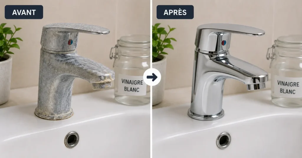  Avant/après d'un robinet entartré nettoyé au vinaigre.
