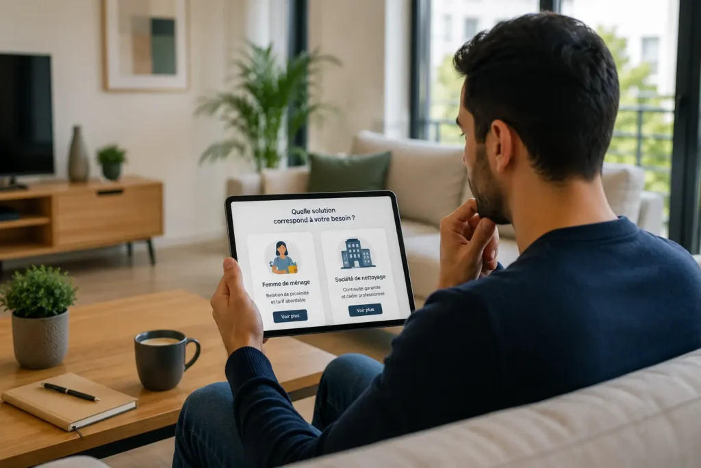 Propriétaire comparant le service de ménage via femme de ménage ou société de nettoyage