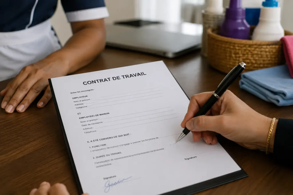 Signature d'un contrat de travail qui définit les droits et obligations d'employeur de femme de ménage