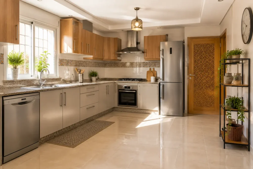 Une cuisine marocaine moderne impeccable et lumineuse après un nettoyage de cuisine en profondeur