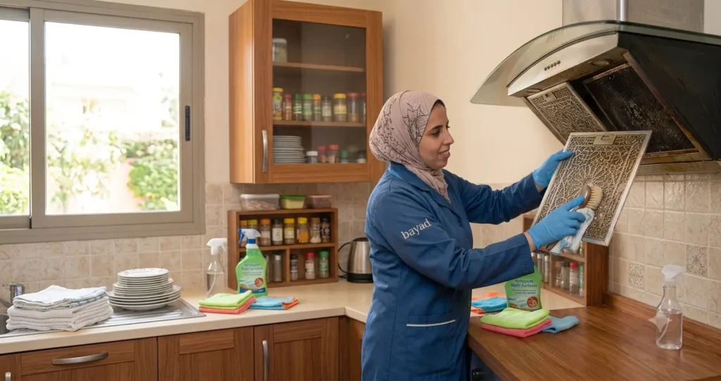 Une femme de ménage professionnelle en blouse bleue nettoie minutieusement les parois et filtres en inox d'une hotte de cuisine.
