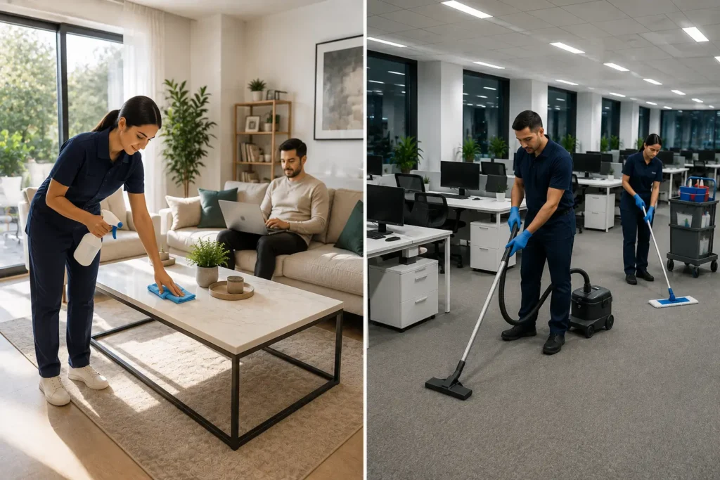 Comparaison entre le nettoyage d'un domicile et le nettoyage de bureaux.