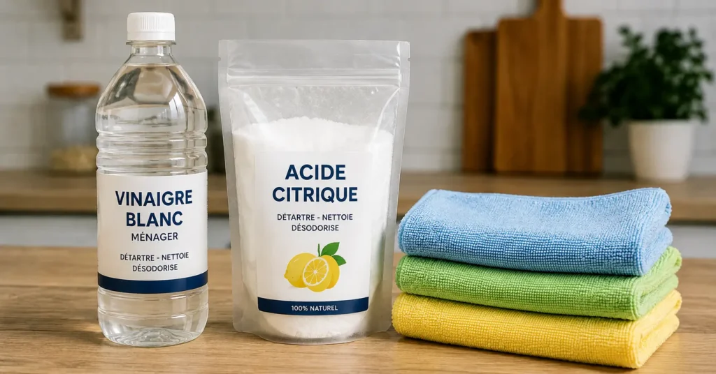  Kit de produits de base utilisés dans le nettoyage de salle de bain (vinaigre, acide citrique, microfibre).